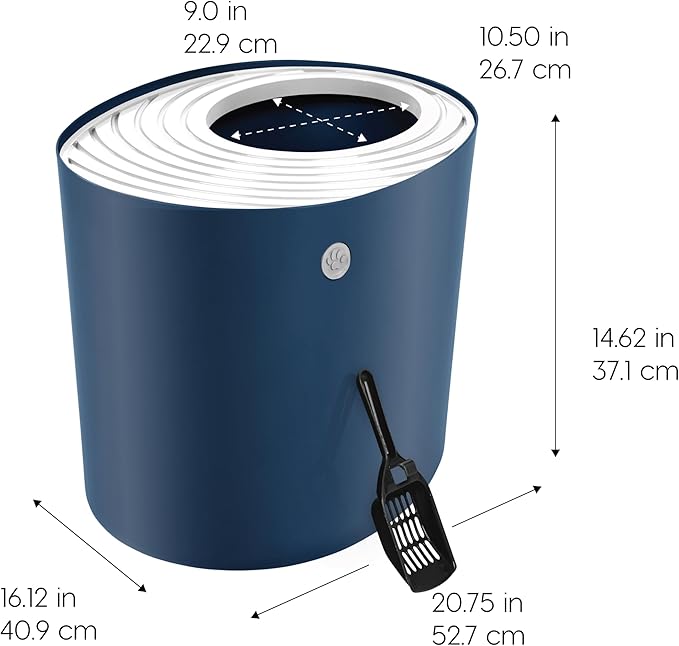IRIS USA Large Top Entry Cat Litter Box with Lid Enclosed Covered Hooded Design Litter Catching Scatter Shield Pan Dog Proof Pet Proof Scoop Included Odor Control for Indoor Cats Kittens, Navy/White