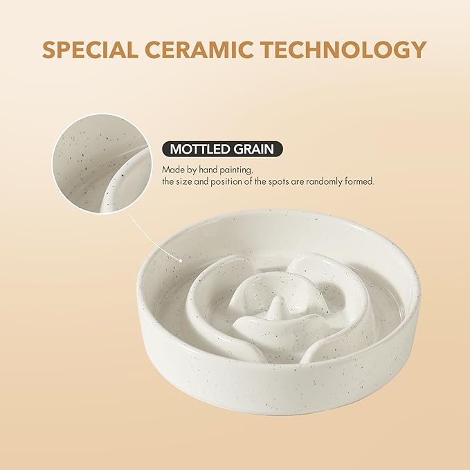 Ceramic 1.6 Cup Raised Slow Feeder Dog Bowl Set, Elevated 7.3inch Bowl and 8.2inch Dish with Acacia Wood Stand for Medium and Large Dogs(2 x Vanilla White+ Stand)
