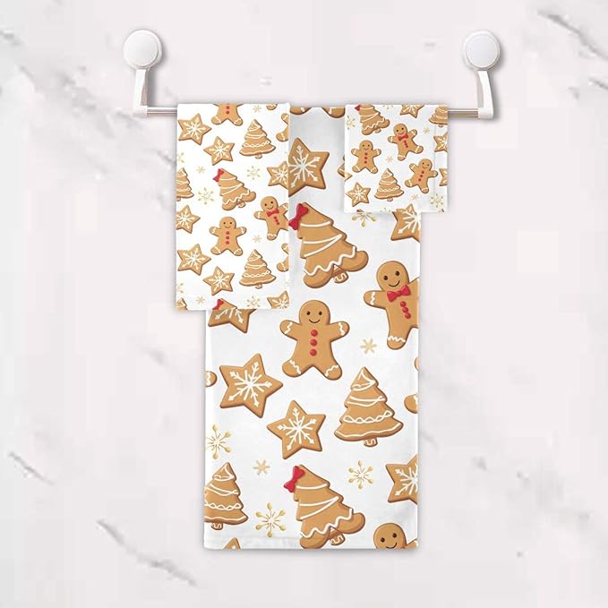 Pfrewn Gingerbread Man Towels Set of 3 Christmas Winter Bathroom Towel Soft Absorbent Bath Hand Towels Washcloth Guest Towel Sets Xmas Holiday Bathroom Decorations