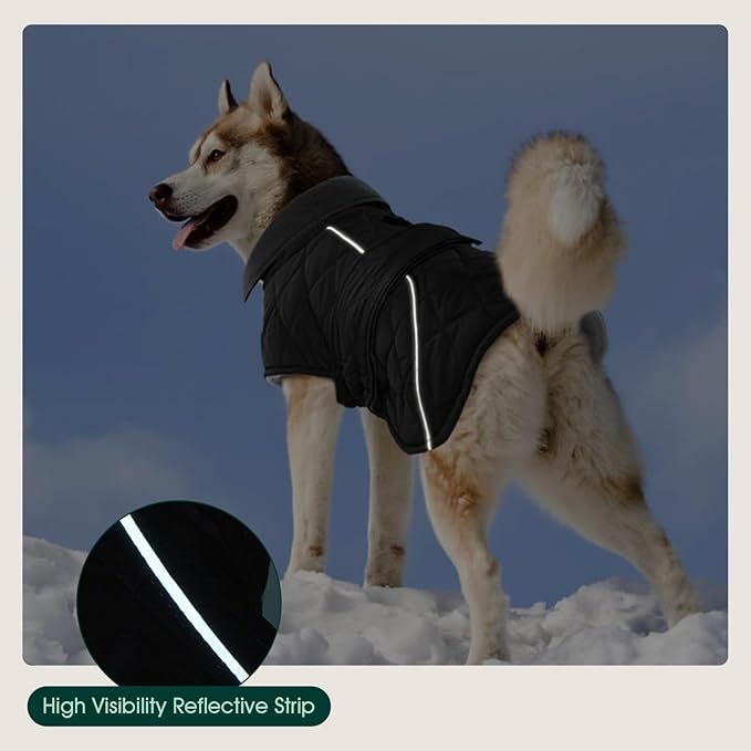Kuoser Dog Coat, Super-Warm Dog Jacket Windproof Pet Cold Weather Coats for Extra Large Dogs, Fleece Lining Quilted Turtleneck Puppy Snowsuit Reflective Adjustable Doggie Winter Clothes, Grey, 3XL