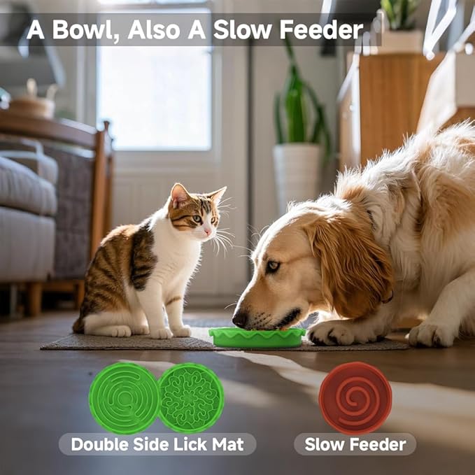 SUBARASHII 5-in-1 Burger Pet Bowls Set - Tilted Bowl, Elevated Bowl, Slow Feeder, Lick Mat, Non-Slip Bowl for Dog & Cat