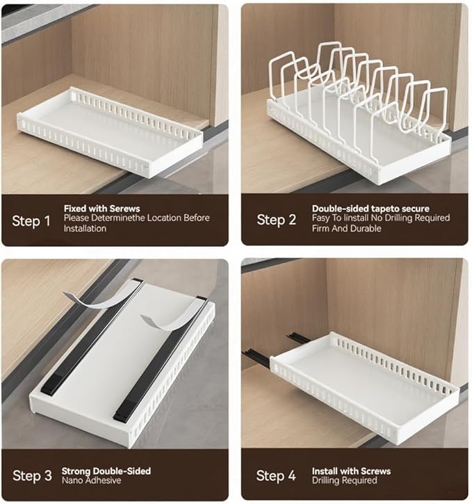 Pots and Pans Organizer Under Cabinet, Pull-out Pots and Pans Organizer, Under Cabinet Pot Lid Holder, Sliding type Pots and Pans Storage with 8 Adjustable Dividers for Kitchen