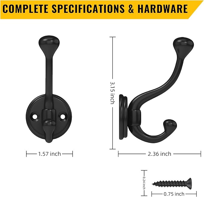 10 Pack Wall Hooks for Hanging, Heavy Duty Coat Hook Wall Mount, Easy to Install Metal Closet Hooks, Apply to Bathrooms, Bedrooms, Living Rooms, Entrances (Black)