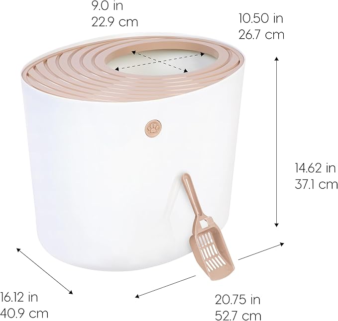 IRIS USA Large Top Entry Cat Litter Box with Lid Enclosed Covered Hooded Design Litter Catching Scatter Shield Pan Dog Proof Pet Proof Scoop Included Odor Control for Indoor Cats Kittens Beige/White