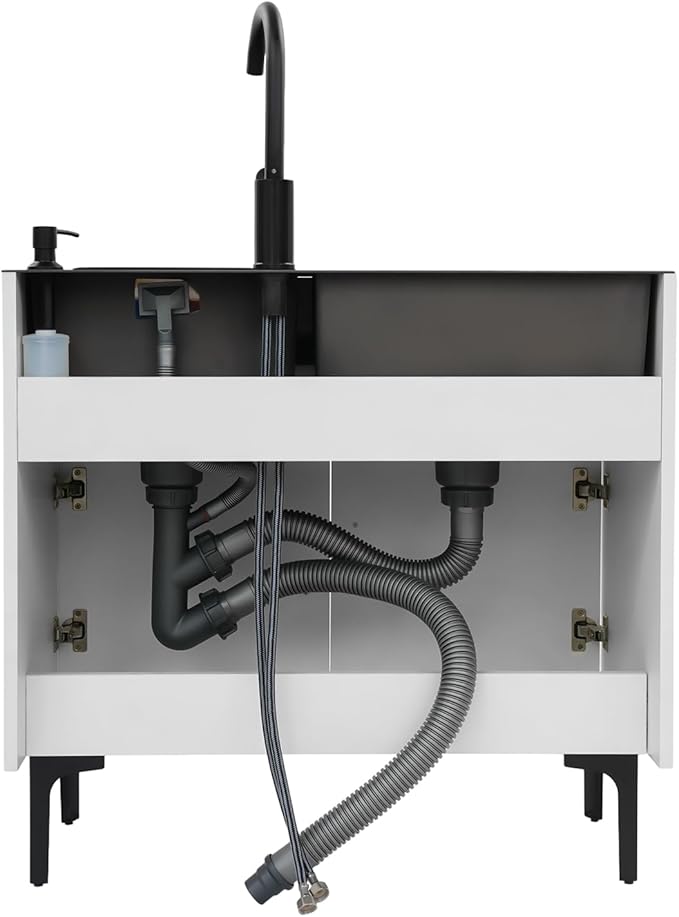 32-Inch Utility Sink Cabinet with 360° Swivel Hot/Cold Faucet, Laundry Sink with Cabinets and Stainless Steel Double Sinks, Freestanding Cabinet with Sink for Laundry&Utility Room, Kitchen, Bathroom