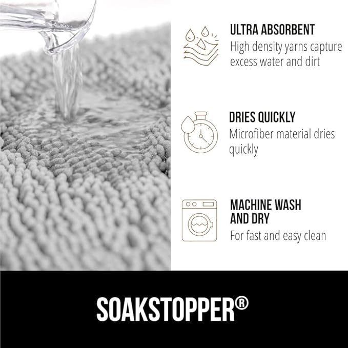 GORILLA GRIP SoakSTOPPER Dog Door Mat, Machine Washable Rug Absorbent Doormat Captures Moisture Mud Dirt, Quick Dry Soft Chenille Entryway Rugs Indoor Entrance Mats for Dog Paws, 24x17 Light Gray