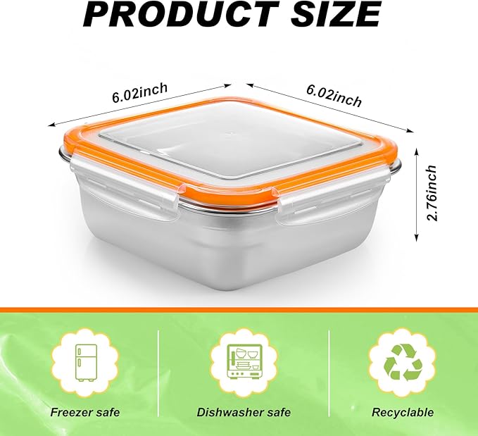 4 Pack Stainless Steel Sandwich Containers with Lids 25.4 oz Metal Food Container for Lunch Boxes with Airtight Silicone Seal for Sandwiches and Snacks(Orange)