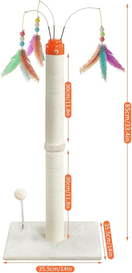 Cat Scratching Post ，33.4" Sisal Rope Cat Scratcher Tall Scratching Post for Indoor Cats with Interactive Cat Toys Automatic Teaser Wand and Rotating Hanging Balls