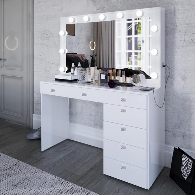 Boahaus Serena White Makeup Vanity with Mirror and 11 Lights, 7 Drawers, Glass Top, Crystal Knobs, USB-A & USB-C Ports, 110V Power Outlet, Bedroom Vanity Desk (White)