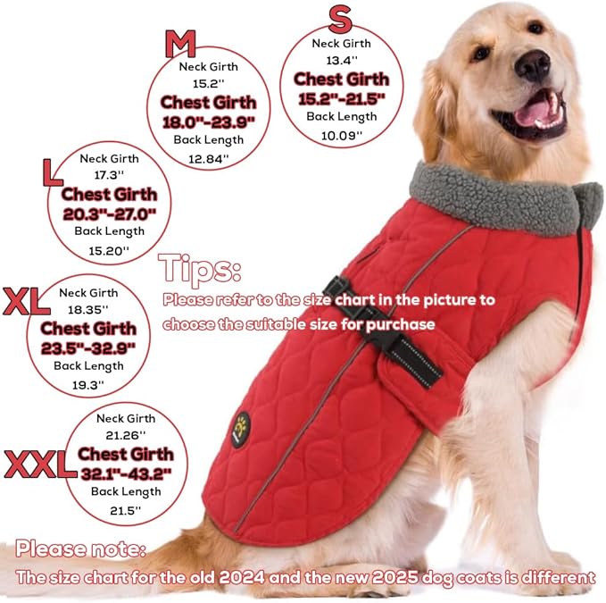 Winter Dog Coats, Warm Fleece Doggie Coat for Small, Medium and Large Dogs, Adjustable Dog Jacket Winter with Nylon Buckle, Reflective Safety Cold Weather Coats for Dogs, Red M