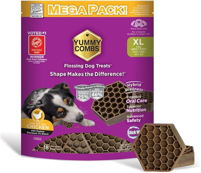 Yummy Combs Dog Dental Treats – Vet VOHC Approved – Delicious Chicken Protein – Removes Tartar with Cleaning Comb Shape – Dental Dog Treats for Extra Large Dogs (36oz, 18 Count)