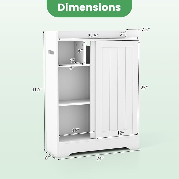 Giantex Bathroom Storage Cabinet, Slim Floor Cabinet w/2 Sliding Doors & Adjustable Shelves, Next to Toilet Storage Organizer w/Toilet Paper Holders & Brush Compartment for Small Space (White)