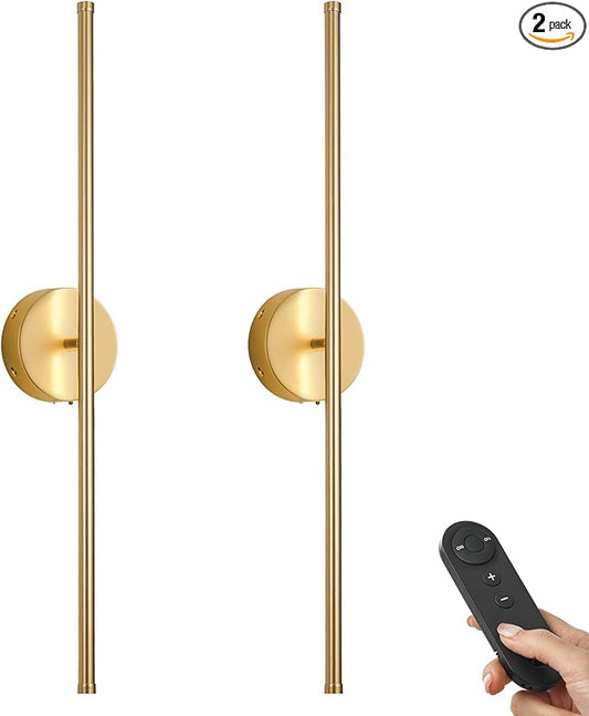 Battery Operated Wall Sconces, Dimmable Wall Sconces Set of Two, 350°Rotate, 3000K LED Gold Wireless Wall Light for Living Room, Bedroom, Hallway, 32.2 Inch (2 Pack)