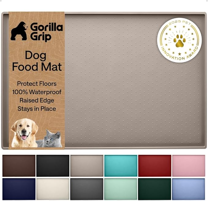 GORILLA GRIP 100% Waterproof Raised Edge BPA Free Silicone Pet Feeding Mat, Dog Cat Food Mats Contain Spills Protects Floors, Placemats for Cats and Dogs Water Bowl, Pets Accessories 16x10, Beige