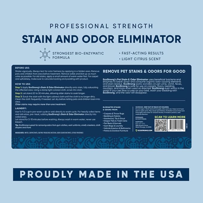 Eco Strong Pet Stain and Odor Remover - Cat Urine Enzyme Cleaner Destroyer, Urine Destroyer for Dogs, Pet Urine Enzyme Cleaner - 32 OZ