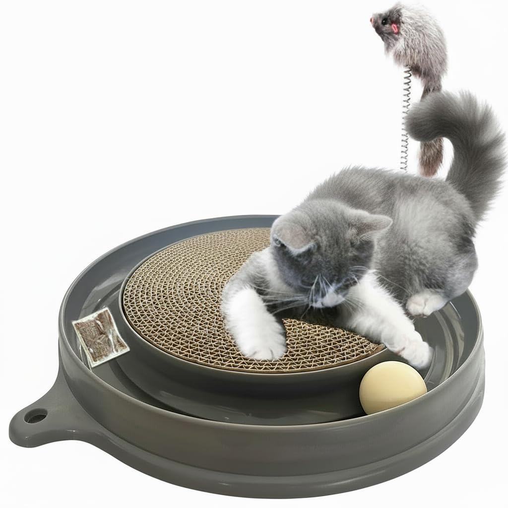 Interactive Cat Scratcher Toy with Ball Track, Gray - Image 1