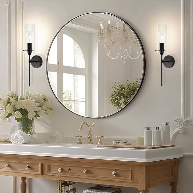 Modern Wall Sconces Set of Two, Black Wall Sconce with Clear Glass Shade, Hardwired Wall Mount Light Fixtures for Living Room Bathroom, Bedroom, Hallway