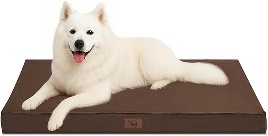 Outdoor Large Washable Dog Bed, Orthopedic Egg Crate Foam Dog Crate Mat for Large Dogs with Removable Oxford Cooling Cover, Brown