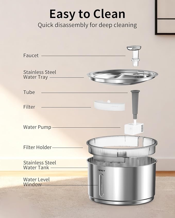 NPET Cat Water Fountain WF050TP 1.5L Automatic Stainless Steel 4L Pet Drinking Fountain Dog Water Dispenser WF210plus