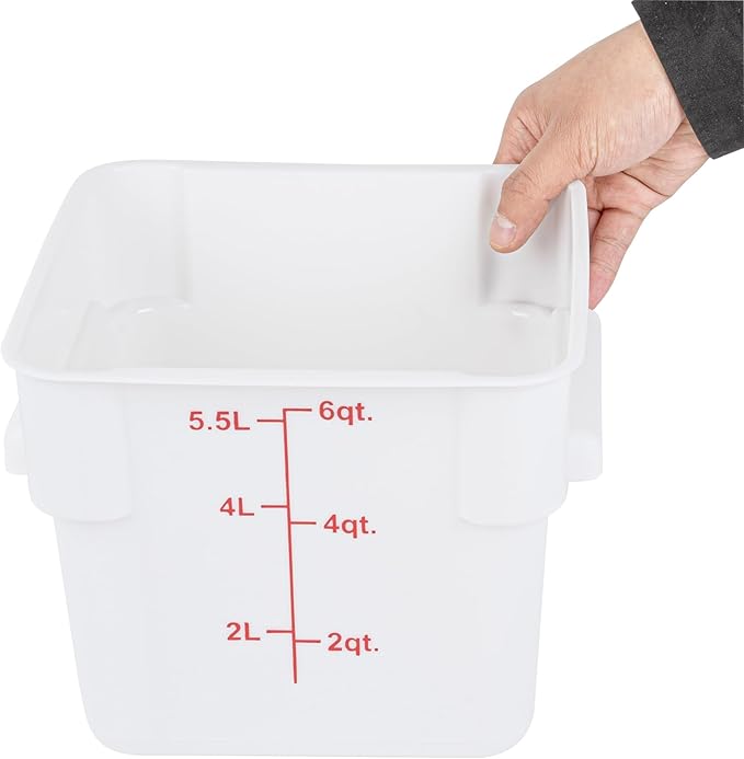 Restaurantware Food Storage Container 10 Pack of 6 qt Plastic Kitchen Storage Bin with Volume Markers Space-Efficient Design Dishwasher-Safe Polypropylene White