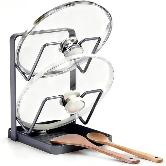 Pot Lid Organizer with Removable Drip Tray, 2-Tiers Stainless Steel Pots and Pans Organizer, Multifunctional Pot Lid Holder, Lids and Spoon Rest for Countertop, Kitchen Cabinet Organizer (Black)