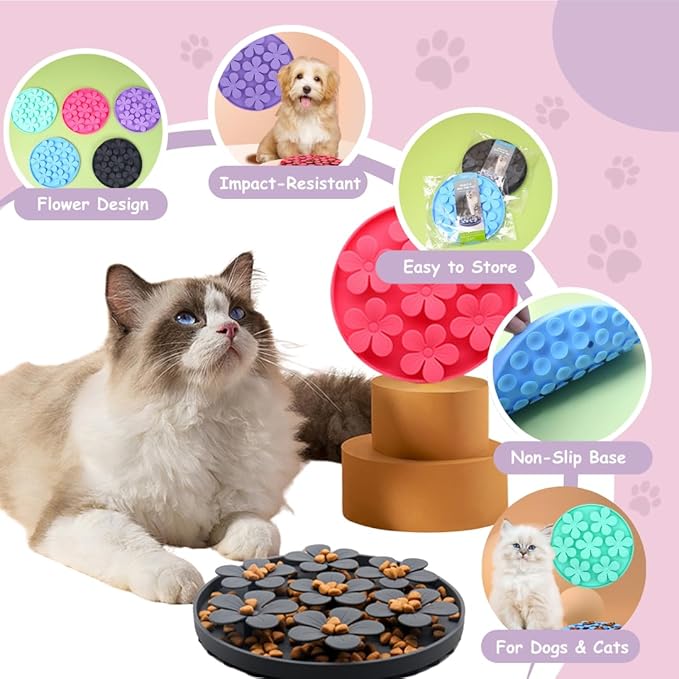 Non-Slip Slow Feeder Pet Bowl – Anti-Choking Feeding Bowl with Suction Cups for Dogs & Cats, Promotes Healthy Digestion (Grey, Flower)