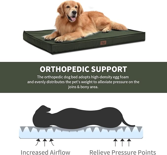 Outdoor All Weather Dog Bed, XXL Waterproof Dog Bed for Large Dogs, Orthopedic Egg Crate Foam Pet Mat with Removable Washable Oxford Cooling Cover, 47x29 Inch, Dark Green