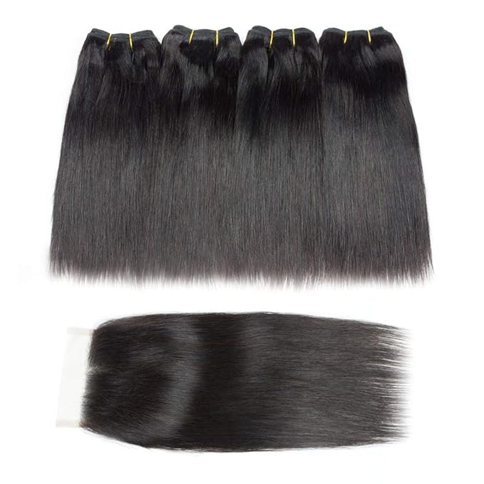 Selina Brazilian Virgin Hair 4 Bundles Human Hair 8 8 8 8 Inch With Lace Closure Human Hair 10 Inch Hair Extensions For Women Natural Black Color (8" 8“ 8” 8“ with 10" Closure)