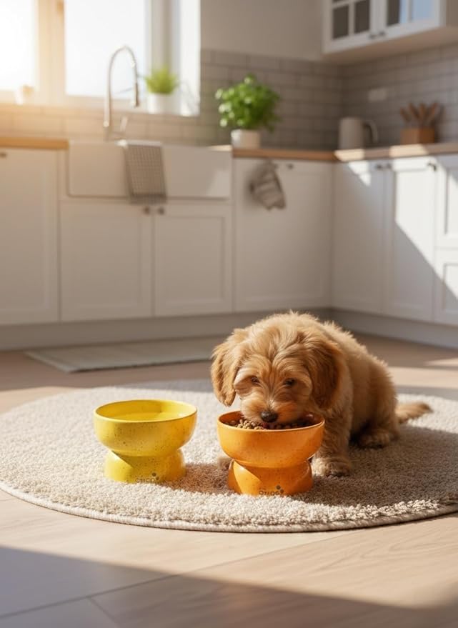 Ceramic Cat Bowls - Elevated cat Bowl, Anti-Vomiting, Whisker Friendly Raised Cat Bowl, Easy to Clean, Non-Slip, Suitable for Small Dogs - Pack of 2 (White-Beige, Orange-Yellow) (Yellow-Orange)