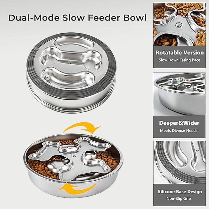 Stainless Steel Rotating Bone-Shaped Slow Food Bowl, 304 Grade Anti-Spill Pet Feeder for Dogs and Cats