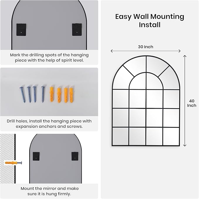 Arched Windowpane Wall Mirror 30"x40" Black Wall Mounted Art Pane Mirror Farmhouse Decorative Mirror Leaning Hanging Wall Mirror for Bedroom Living Room Entrance Hallway Wall Decor