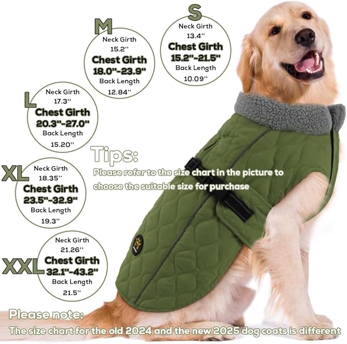 Dog Cold Weather Coats, Warm Fleece Lining Small/Medium/Large Dog Jackets for Winter, Adjustable Doggie Clothes for X-Large Dogs with Leash Hole and Quick Release Buckle, Green XL
