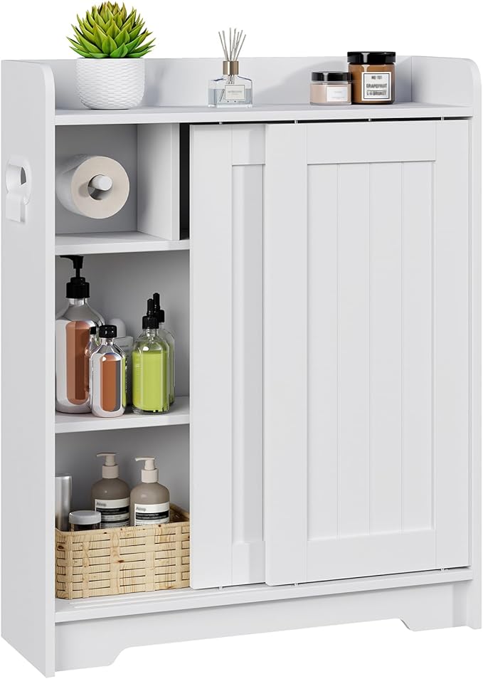 Bathroom Floor Cabinets, Slim Bathroom Storage Cabinet with Sliding Door, Ideal for Toilet Paper Holder, Adjustable Shelves, Next to Toilet Solid Cabinet for Bathroom,Kitchen,White