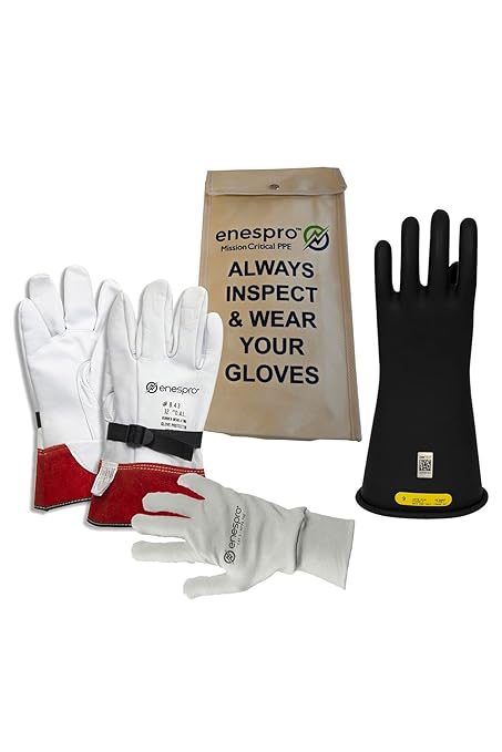 Enespro Class 2 Black Rubber Voltage Insulating Glove Premium Kit with FR Knit Glove and Leather Protectors, Max. Use Voltage 17,000V AC/ 25,500V DC (KITGC208AG)