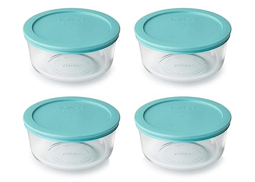 Pyrex (4) 7201 4-Cup Glass Bowls & (4) 7201-PC Turquoise Lids - Made in USA