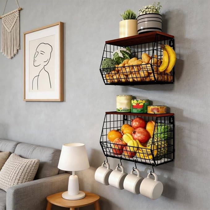 Wall Mounted Fruit Basket with Wood Lid, Hanging Kitchen Storage for Fruits, Vegetables, Potatoes, Onions | Heavy-Duty Carbon Steel & Solid Wood, Black, Space-Saving Countertop Organizer (S)