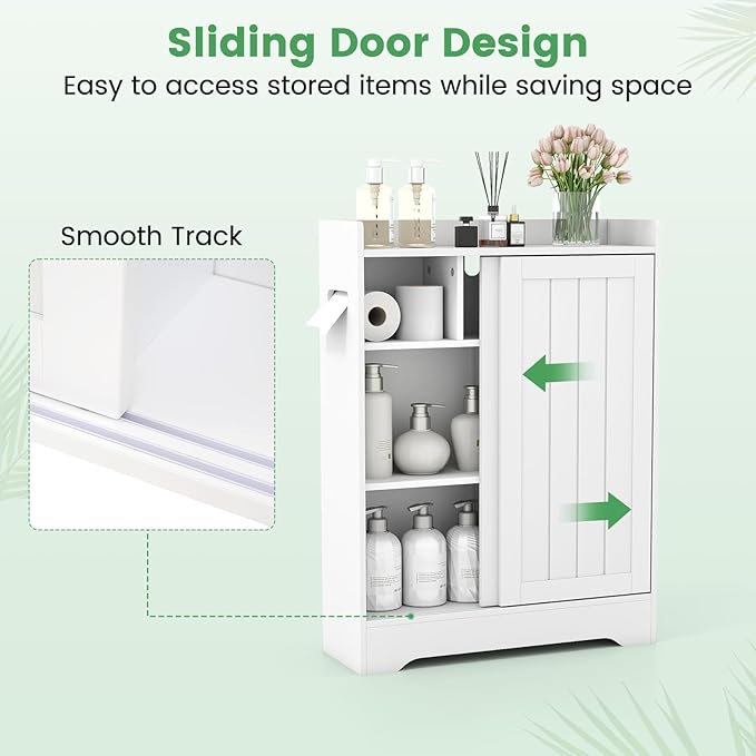 Giantex Bathroom Storage Cabinet, Slim Floor Cabinet w/2 Sliding Doors & Adjustable Shelves, Next to Toilet Storage Organizer w/Toilet Paper Holders & Brush Compartment for Small Space (White)
