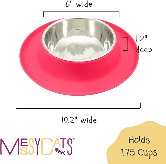 Messy Cats Single Silicone Feeder with Stainless Saucer Shaped Bowl | Anti-Slip Non-Skid Cat Food Bowl | One Cat Bowl in Feeding/Water Station | 1.75 Cups (Watermelon)