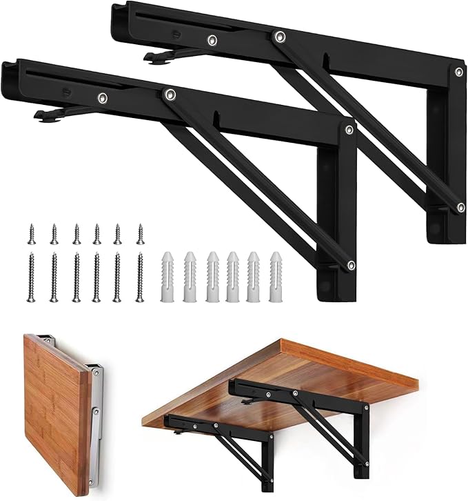 Storystore Folding Shelf Brackets - 12 Inch Heavy Duty Metal Collapsible Shelf Bracket for Bench Table, Shelf Hinge Wall Mounted Space Saving DIY Bracket, Max Load: 150 lb (2PCS, Black)