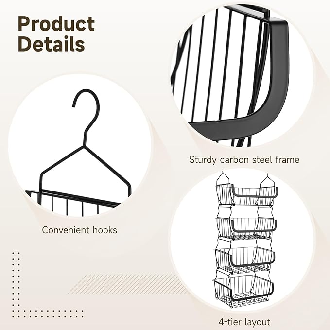 4 Tier Hanging Closet Organizer, 36.2 x 15 x 11 in Carbon Metal Hanging Storage Basket, Rustproof Heavy Duty Closet Wire Storage Shelf for Closet, Laundry, Dorm
