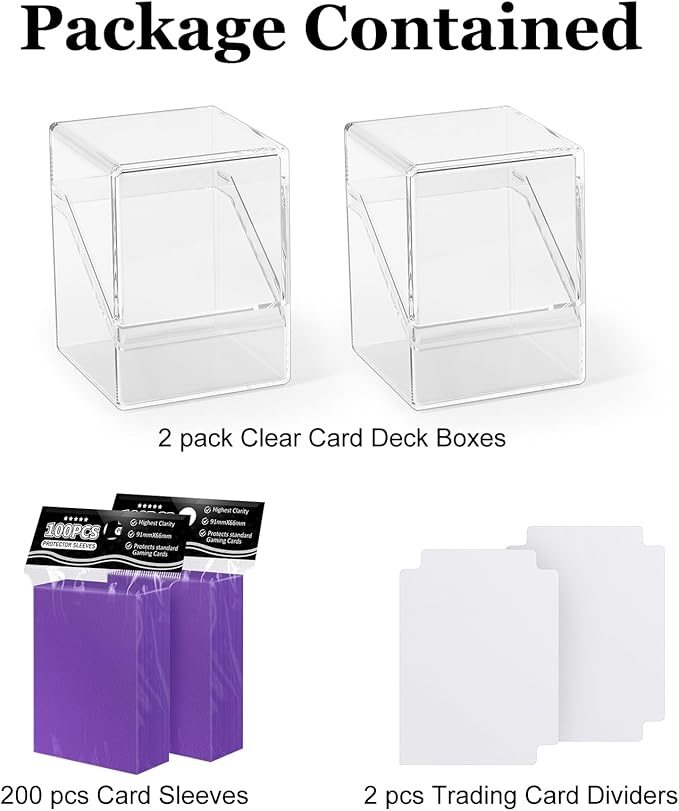 2 Pack Card Deck Boxes, Deck Case and 200Pcs Card Sleeves with Dividers, Standard Clear Commander Cards Storage Box Perfect Fit for MTG, Sport, Trading Cards (Purple)