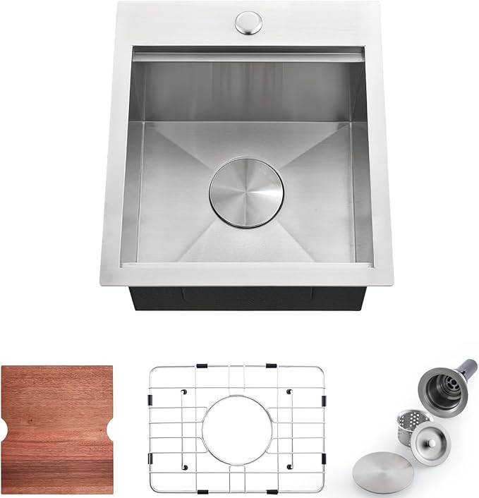 15 x 17 Inches Drop-in Kitchen Bar Sink, 15 Inch Stainless Steel Bar Sink Workstation Kitchen Sinks Topmount Single Bowl Small Kitchen Sink