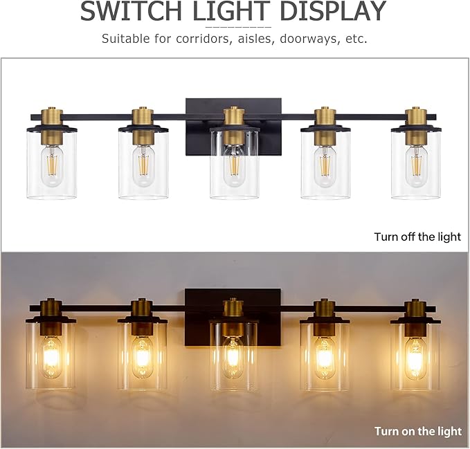 5 Light Bathroom Vanity Light, Black and Gold Bathroom Light Fixtures, Sconces Wall Lighting with Clear Glass Shade, Modern Brushed Gold Vanity Lighting fixtures for Bathroom, Bedroom, Hallway