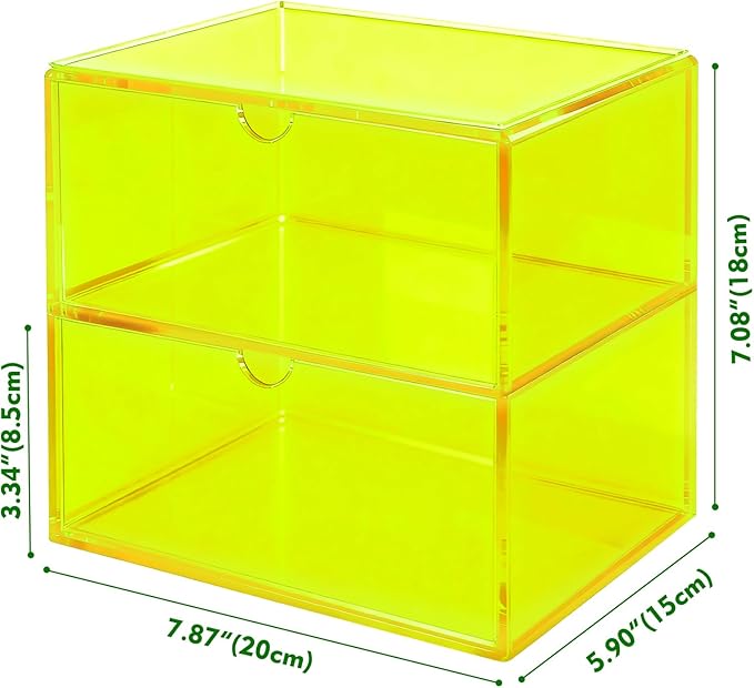 Acrylic Desk Organizer with Drawers Stackable Makeup Organizer for Vanity Office Countertop Cosmetic Display Cases Makeup Storage Box, Neon Green