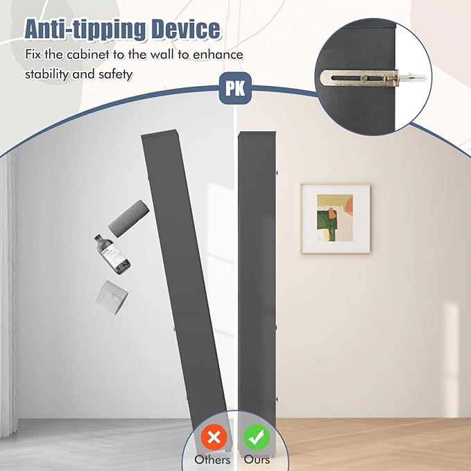 LDAILY 71”Tall Narrow Storage Cabinet, Skinny Bathroom Storage with 1 Drawer, 2 Doors, 5 Adjustable Shelves and Anti-Tipping Device, Wooden Slim Bathroom Cabinet for Office, Kitchen, Small Space