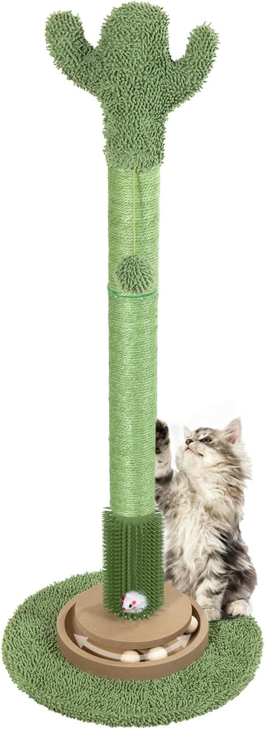 Heavy Duty Cactus Cat Scratching Post 41.5 Inch Tall for Indoor Cats, Natural Sisal Scratcher with Interactive Ball Toy & Cat Grooming Brush, Protector for Kittens & Large Cats