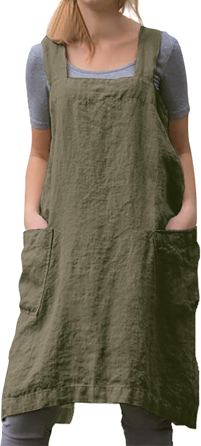 Women Apron with 2 Pockets Cotton Linen Kitchen Baking Cooking Chef Cross Back Pinafore Dress