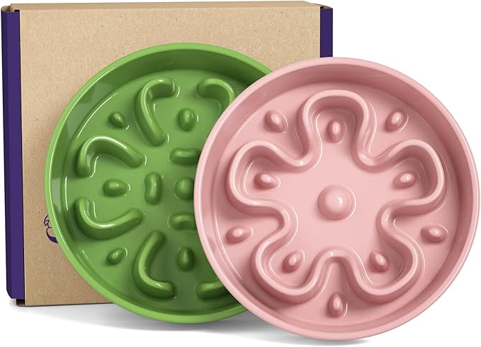 LE TAUCI Dog Bowl Slow Feeder Ceramic, 1.5 Cups, Pink & Green, Medium Breed, Non-slip, Manual, Ceramic Material, Slow Down Eating, Easy To Clean, Heavy Base, For Adult Dogs, Dry & Wet Food