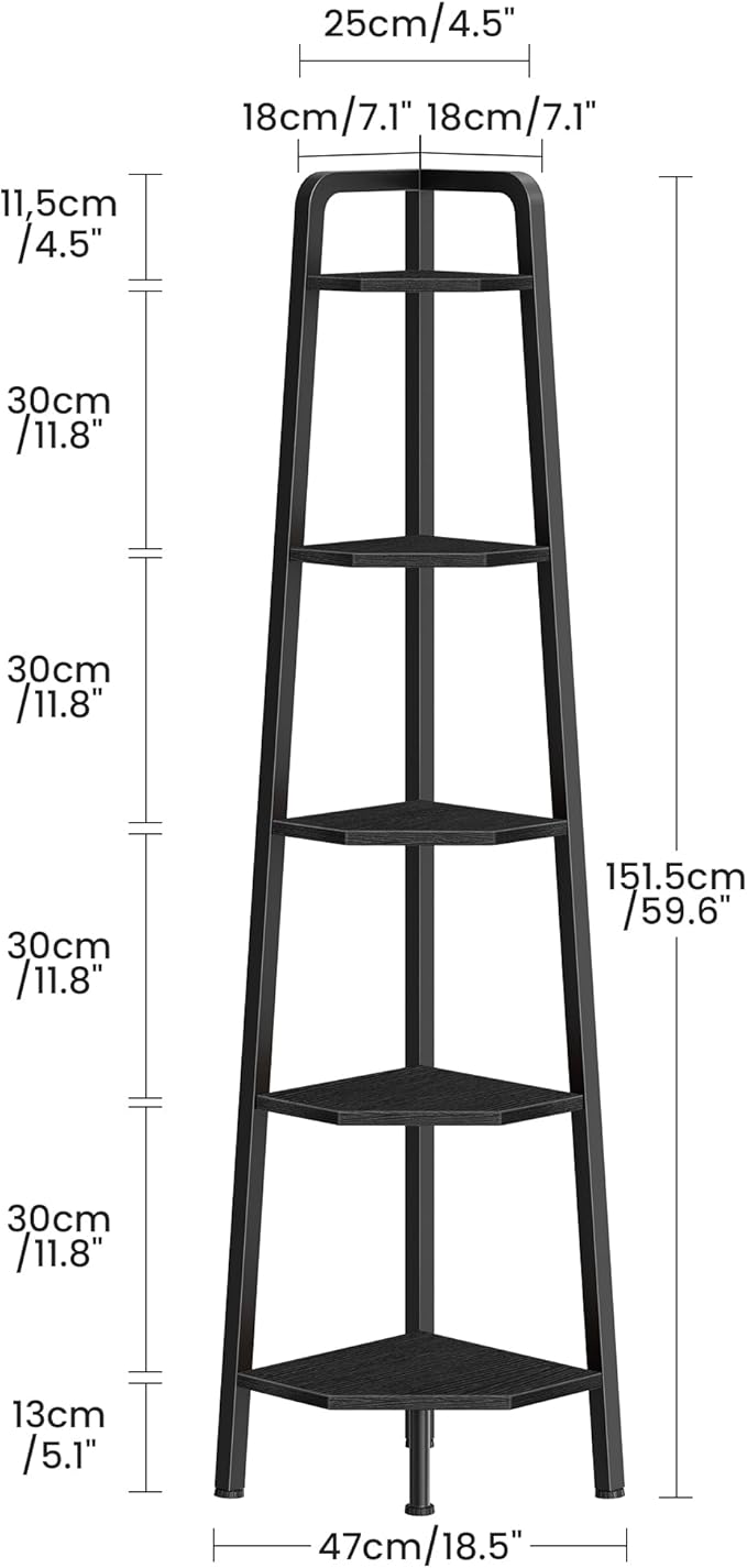 Corner Shelf, 5-Tier Ladder Corner Shelf, Ladder Bookshelf, 59.6" Tall Vertical Display Stand, Metal Frame Bookshelf, for Living Room, Bedroom, Kitchen, Black TCJ20BB