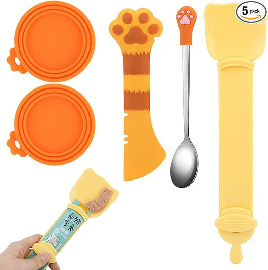 5 PCS Cat Food Can Covers Lids Set, Silicone Pet Food Can Lids with Multi-Function Cat Food Spoon and Opener, Cat Bar Squeezer, Stainless Steel Wet Food Spoon for Cats and Dogs (Orange)